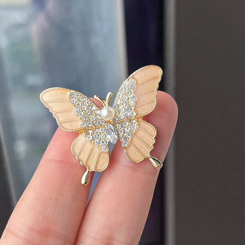 Peach Enamel & Crystal Butterfly Brooch