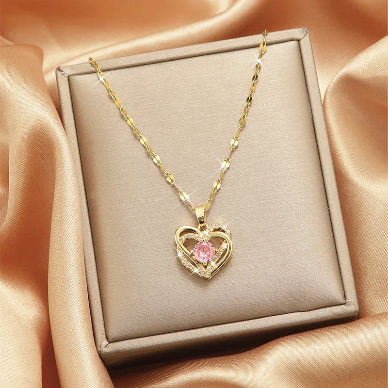 Gemini said Pink Crystal Double Heart Pendant Necklace